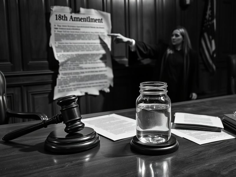 A split gavel resting on a wooden table surrounded by small glass bottles of clear and amber spirits, with a blurred backgrou