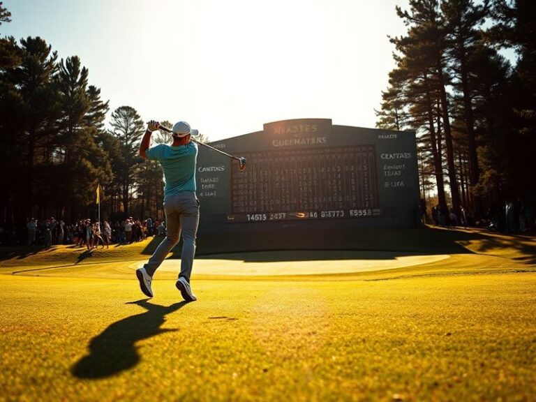 A panoramic view of Augusta National Golf Club during the Masters Tournament, featuring players on the tee box, vibrant green