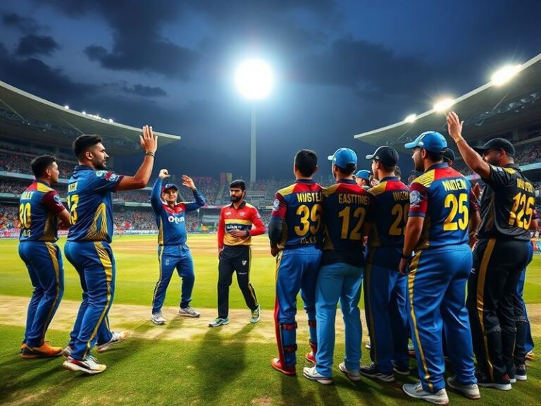 A dynamic action shot of LSG and GT players shaking hands at the end of a match, with the IPL trophy in the background. The s