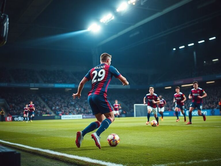 A vibrant stadium scene at Falkirk Stadium during a match against Rangers, with fans in the stands, players on the pitch, and