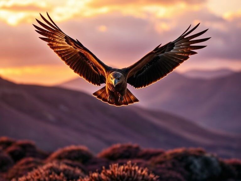 A golden eagle in mid-flight over rugged English upland moorland, with heather and distant hills in the background, captured