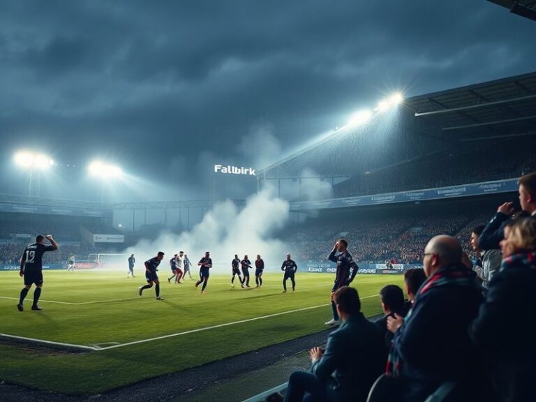 A split-image showing Falkirk's stadium on one side with a jubilant away fans section on the other, capturing the contrast be