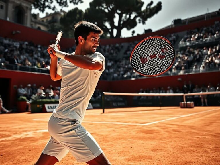 A vibrant clay tennis court at Monte Carlo during a match, with players in action under clear skies. The background features