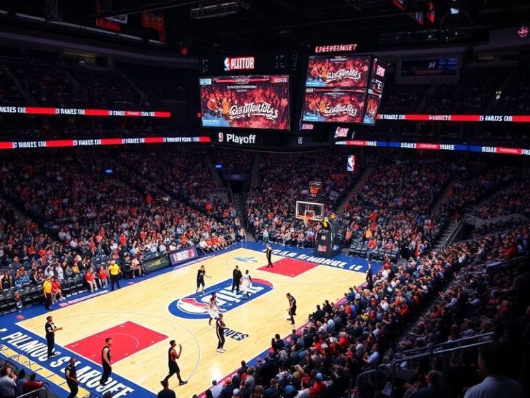 A dynamic basketball arena scene at night, with multiple teams' logos projected on the court, capturing the intensity of the