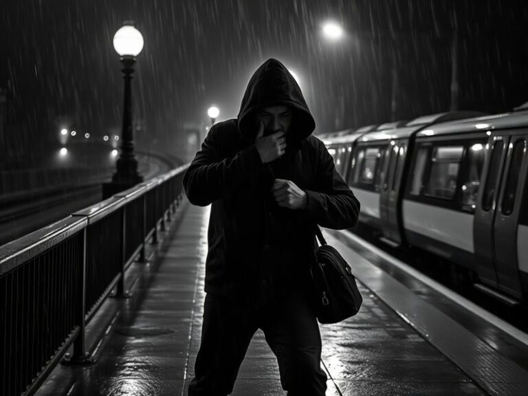 A moody black-and-white photograph of Putney Bridge in 1969, with a shadowy figure in the foreground and a vintage London bus