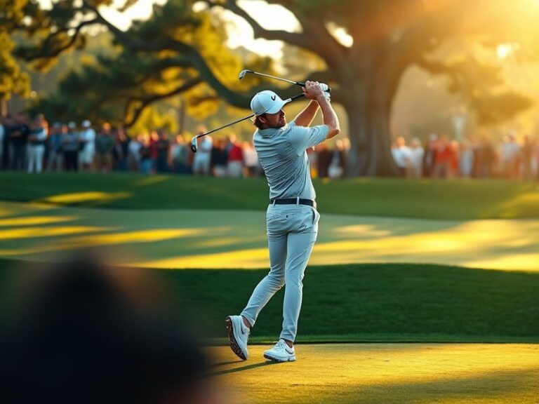 A dynamic shot of Jordan Spieth mid-swing on the 18th green at Augusta National, wearing the green jacket, with the club blur