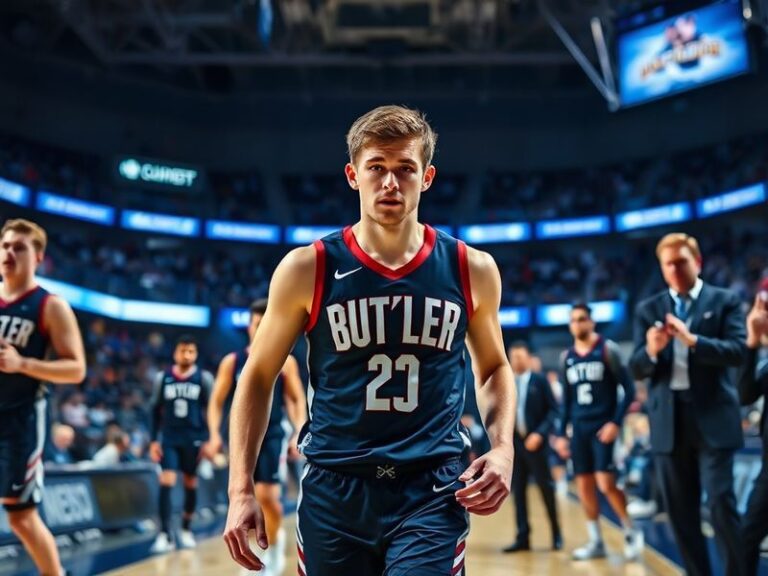 A dynamic action shot of Connor McCaffery in Butler Bulldogs uniform mid-game, highlighting his three-point shot release with