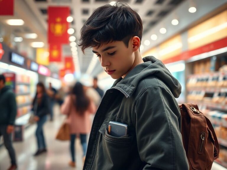 A split-image collage: on the left, a crowded urban convenience store with a blurred face of a shoplifter; on the right, a hi