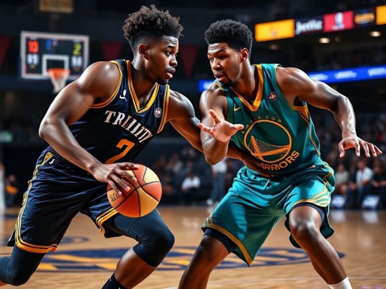 A split-image visual: on one side, a Trinity player in a classic white uniform mid-layup in a packed high school gym; on the