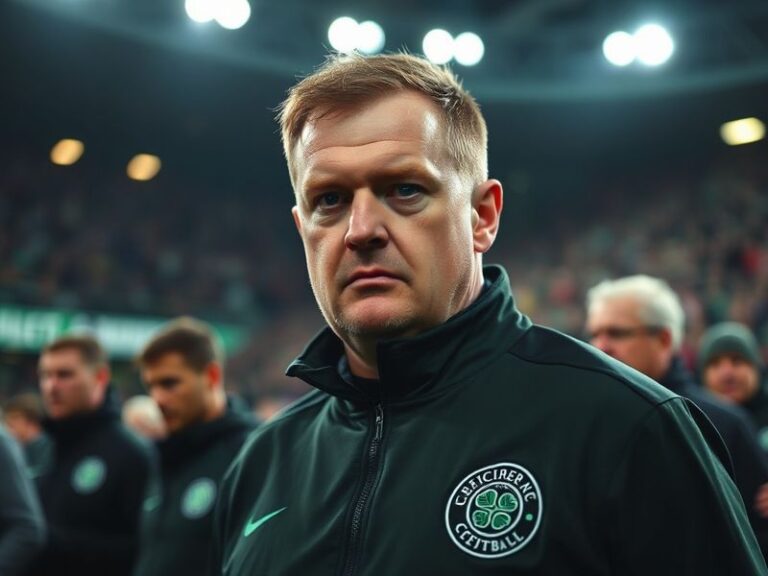 A mid-career portrait of Neil Lennon in a dark suit, standing on a football pitch at dusk with a stadium in the background. H