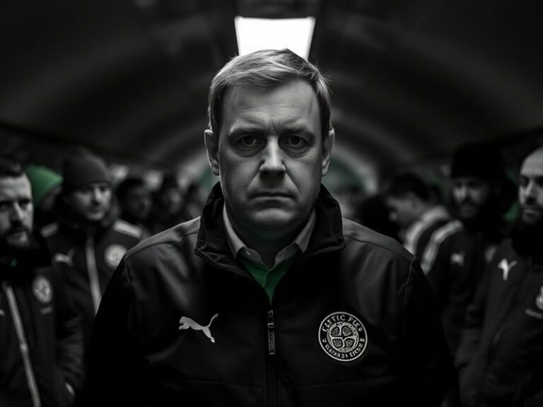 Neil Lennon in a dark suit, standing on the Celtic Park touchline with a focused expression, surrounded by players during a m
