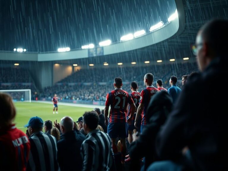 A vibrant shot of Selhurst Park under floodlights, showing Newcastle players celebrating a goal with Crystal Palace players i