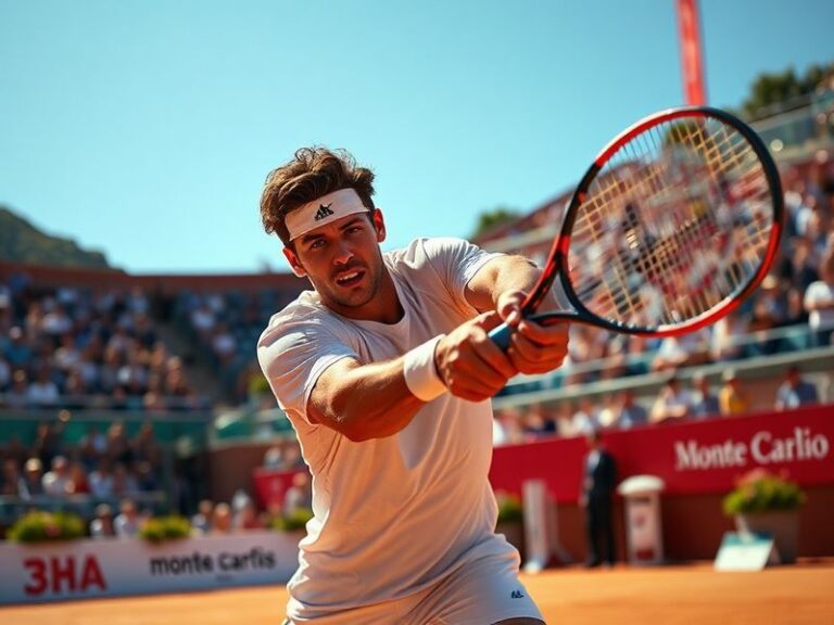 A panoramic view of the Monte Carlo Country Club courts during a match, with the Mediterranean Sea in the background and spec
