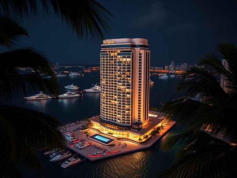A sleek exterior shot of the Mandarin Oriental Miami at dusk, showcasing its modern glass façade and glowing interior lights,