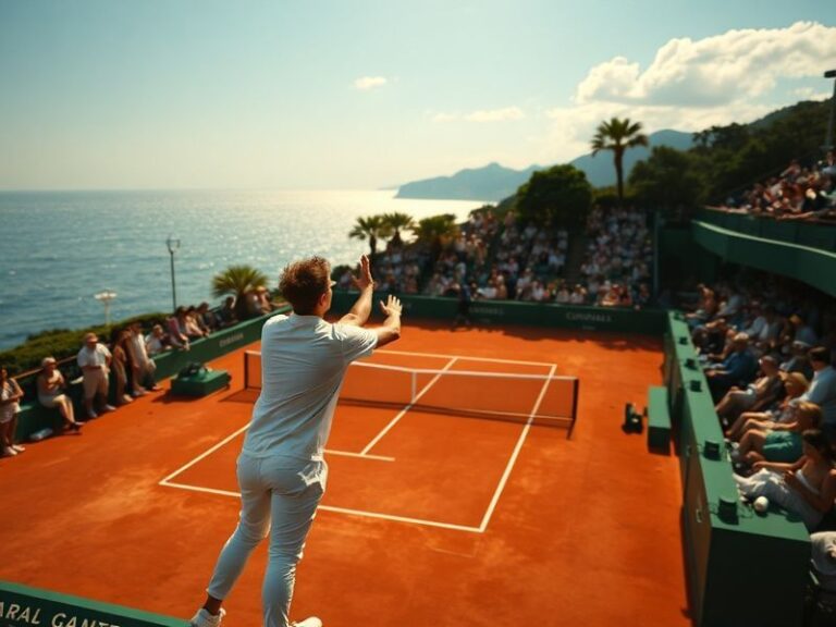 A panoramic view of the Monte Carlo Country Club during the tournament, showing the Philippe Chatrier court under bright sunl