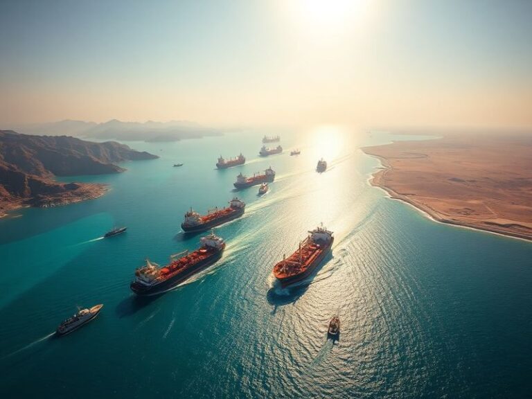 Aerial view of the Strait of Hormuz at dusk, showing oil tankers navigating narrow shipping lanes flanked by arid coastlines,