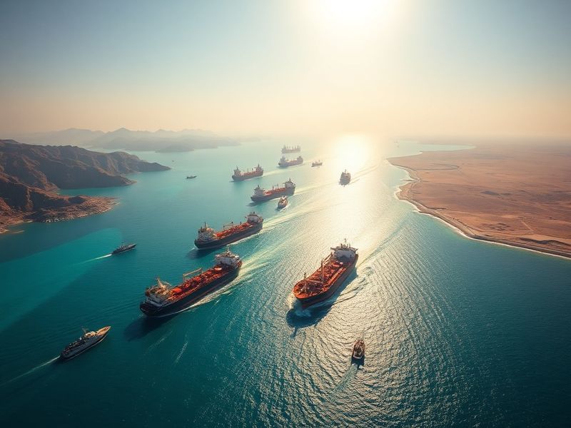 Aerial view of the Strait of Hormuz at dusk, showing oil tankers navigating narrow shipping lanes flanked by arid coastlines,