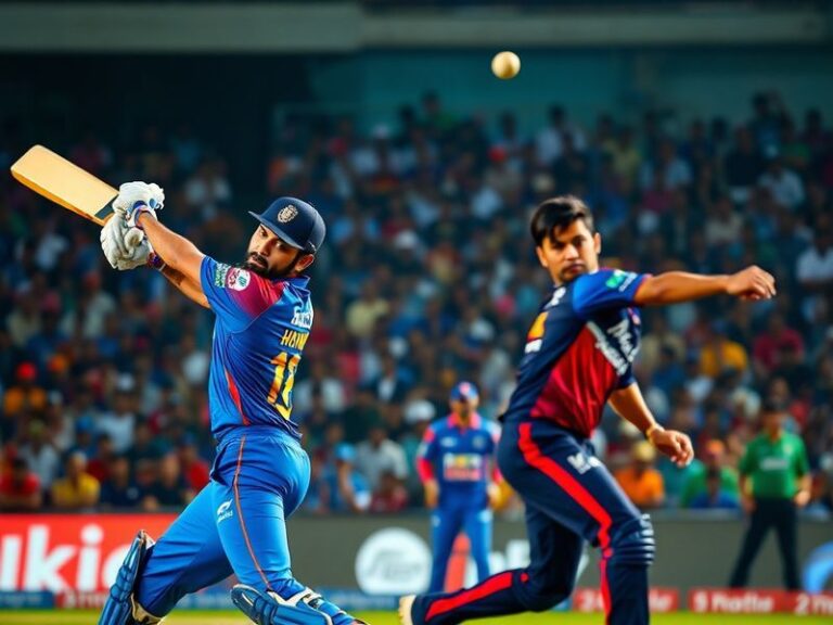 A vibrant cricket stadium packed with fans, MI and RCB players in action, with the iconic IPL logo and digital screens displa