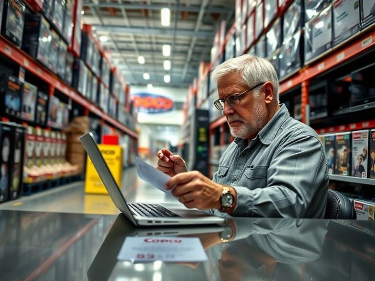 A courtroom sketch-style illustration showing a Costco membership card under a judge's gavel, with blurred legal documents an