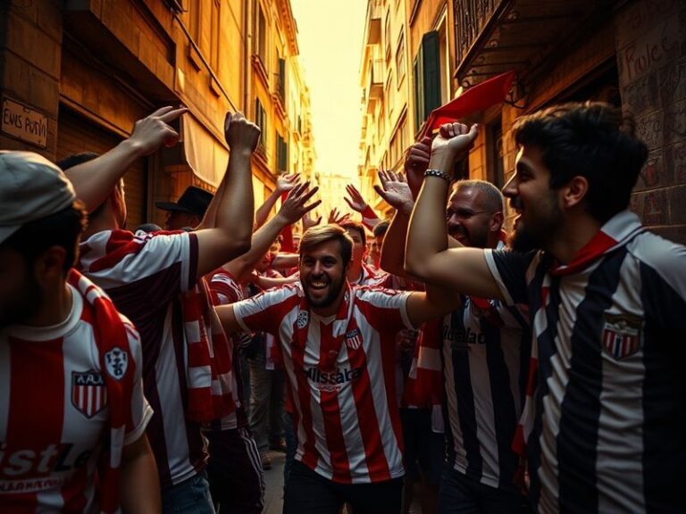A vibrant La Liga match scene featuring Mallorca in their blue-and-black stripes against Rayo Vallecano in their red-and-whit
