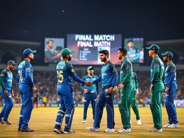 A packed stadium with red and green jerseys visible, players in action under bright lights, with digital scoreboards and a vi