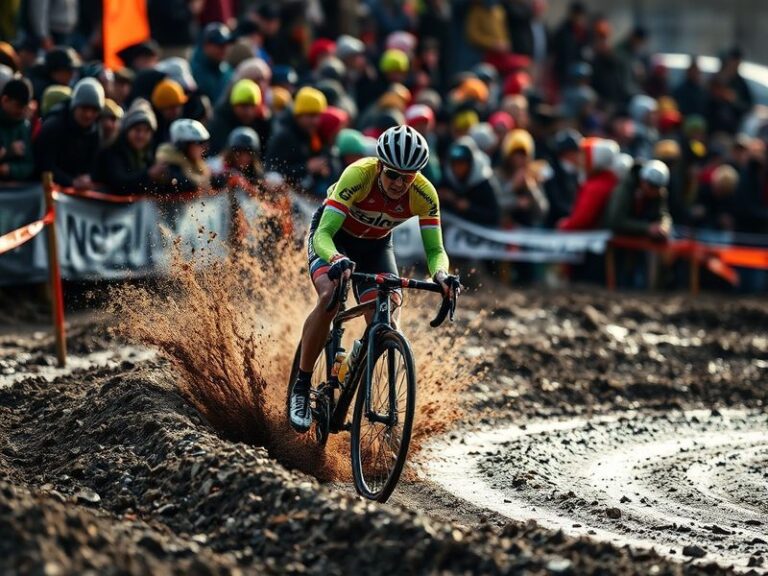 Wout van Aert in mid-attack on a cobblestone climb, wearing the Belgian national jersey, surrounded by cheering fans under a