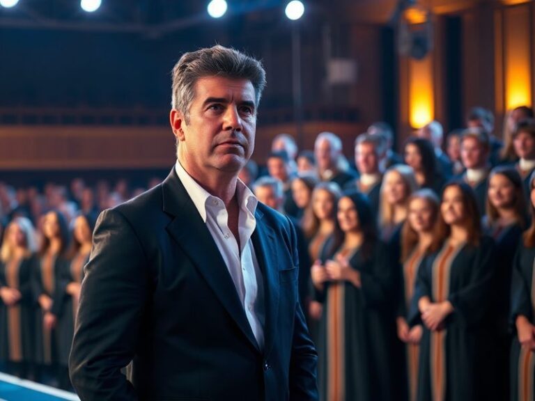 A concert hall stage bathed in warm lighting, with Simon Cowell leaning forward in his seat, smiling, as the members of Côr G