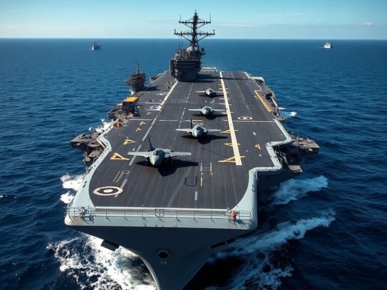 A high-angle view of the USS Gerald R. Ford aircraft carrier at sea, showcasing its massive flight deck, advanced radar syste