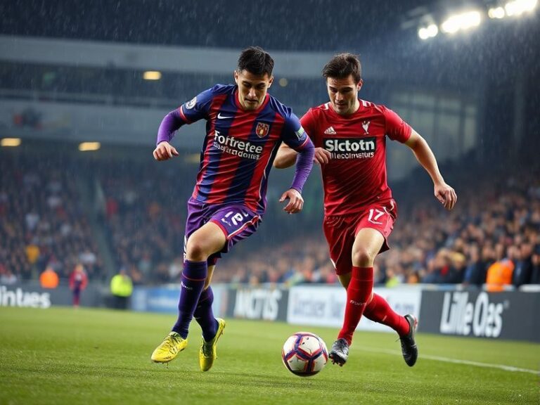 A mid-action shot of a Toulouse vs LOSC match at the Stadium de Toulouse, featuring players in red and white stripes (Toulous