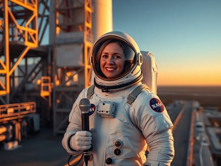 A professional portrait of Christina Koch in a NASA spacesuit, set against a backdrop of Earth and the Moon, symbolizing her