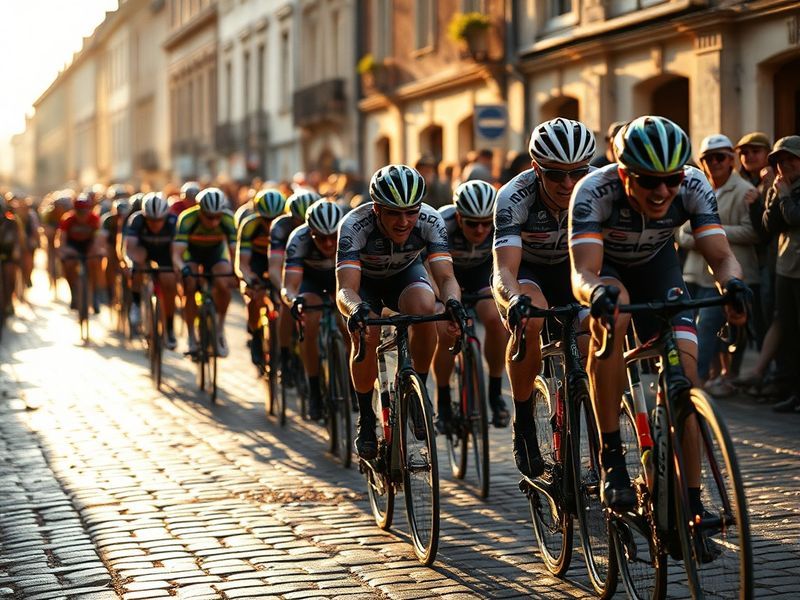 A dramatic shot of cyclists navigating a muddy cobbled sector in Paris-Roubaix, surrounded by cheering spectators in rain-soa