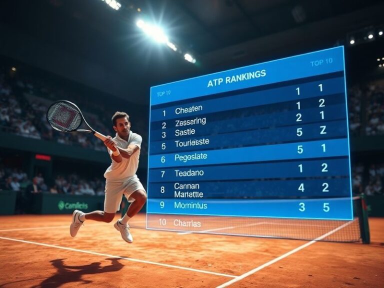 A dynamic overhead shot of a packed tennis stadium during a high-stakes match, with the ATP rankings leaderboard displayed on