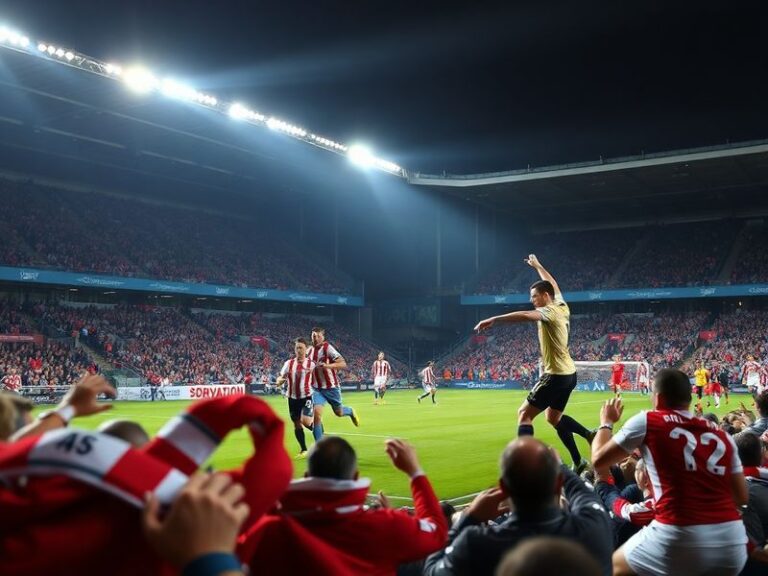 A vibrant stadium scene at night with Celta Vigo's blue-and-white scarves and Real Oviedo's blue-and-white jerseys visible in