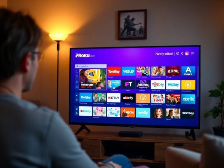 A Roku streaming stick connected to a modern TV, displaying a grid of colorful channel icons with a focus on lesser-known or