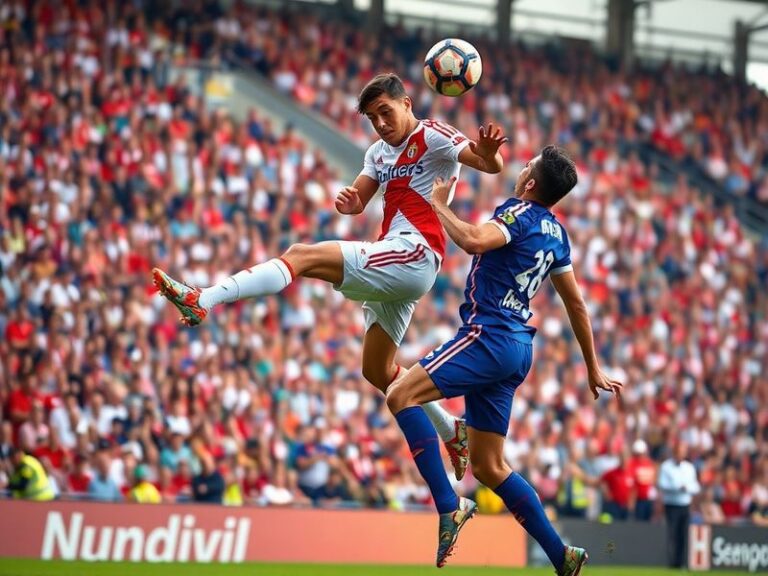 A dynamic action shot of a Benfica player in red and white facing off against a Nacional player in blue and white, with the E