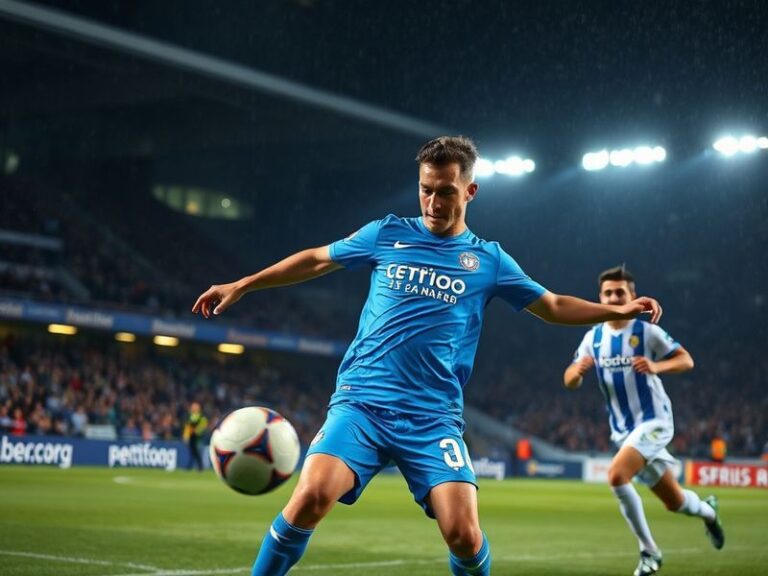 A vibrant stadium scene showing Celta Vigo's blue-and-white colors clashing with Real Oviedo's blue-and-white stripes, with f