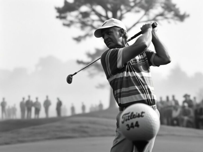 A dynamic black-and-white photograph of Arnold Palmer mid-swing at the 1960 Masters, wearing his signature white cap and inte