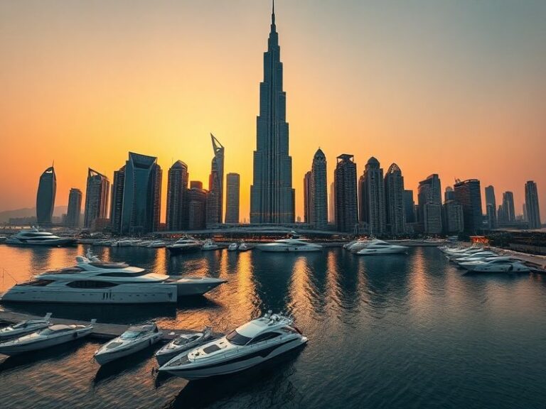 A panoramic view of Dubai’s skyline at sunset, featuring the Burj Khalifa, sail-shaped Burj Al Arab, and the Dubai Fountain,