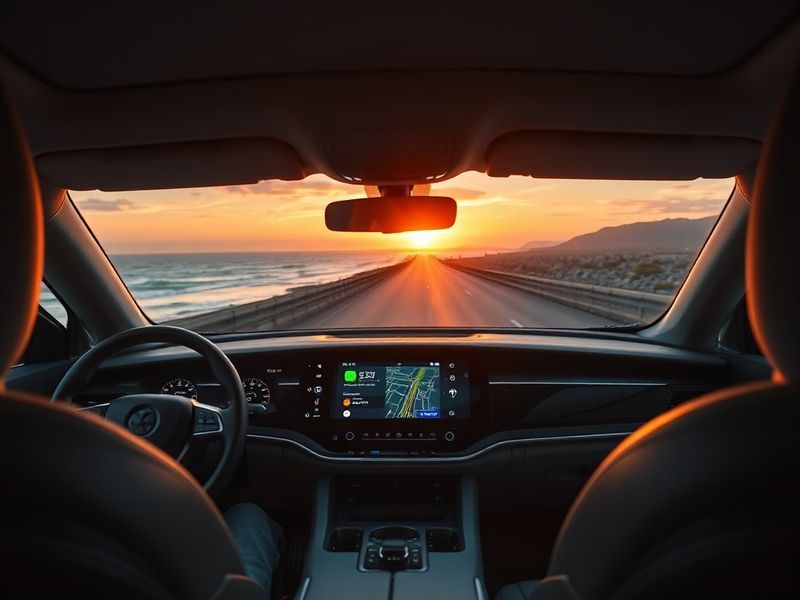 A sleek, futuristic car interior at dusk, featuring a large high-resolution display running CarPlay Ultra. The screen shows a