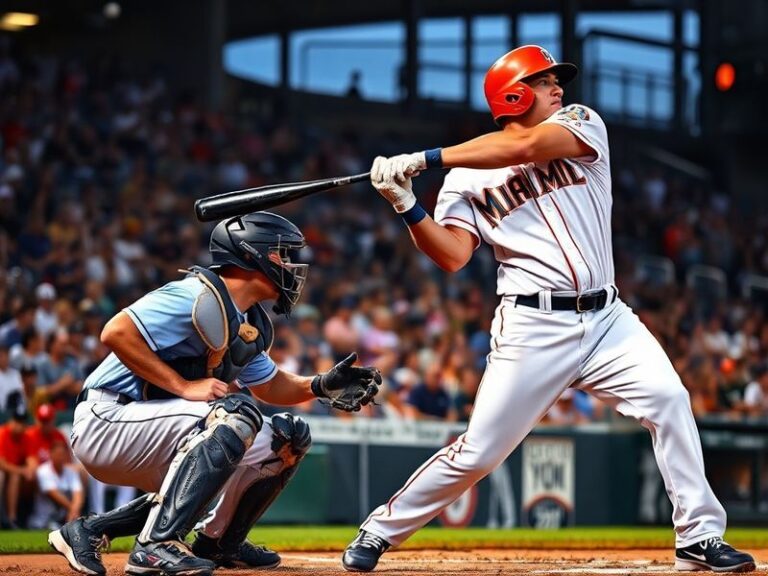 A nighttime baseball game at LoanDepot Park, with Sandy Alcantara mid-pitch to a Tigers batter, stadium lights casting a warm