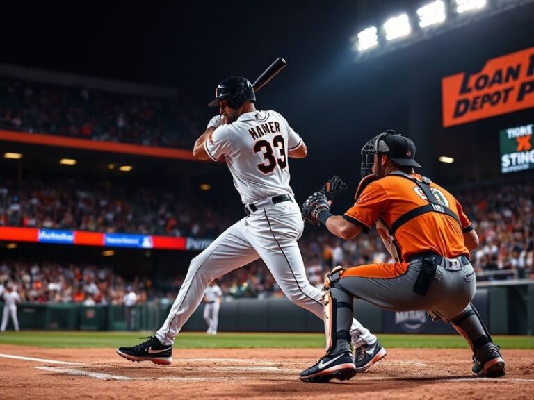A vibrant baseball stadium scene at night, featuring the Miami Marlins in teal uniforms and the Detroit Tigers in classic nav