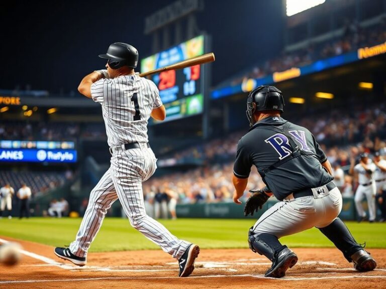 A split-screen image showing the Yankees' Aaron Judge swinging at a pitch and the Rays' Shane McClanahan pitching from the mo
