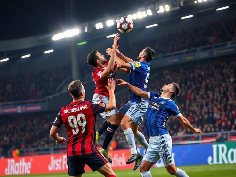A vibrant Bundesliga match scene at Mainz's Mewa Arena, featuring players in Mainz 05 and SC Freiburg kits battling for the b
