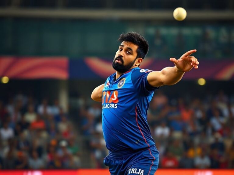 A dynamic action shot of Krunal Pandya bowling in an IPL match, wearing the Mumbai Indians jersey, with a focused expression