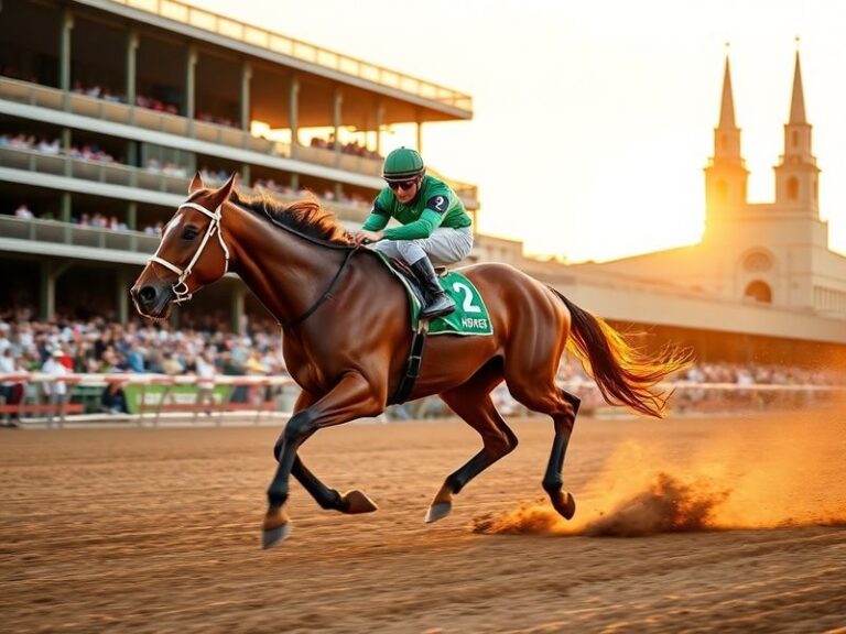 A vibrant scene at Churchill Downs during the Kentucky Derby, featuring a packed grandstand with spectators in colorful attir