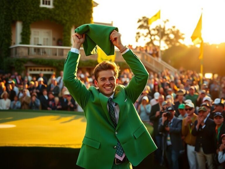 A triumphant Scottie Scheffler in his green jacket holding the Masters trophy on Augusta National’s 18th green at golden hour