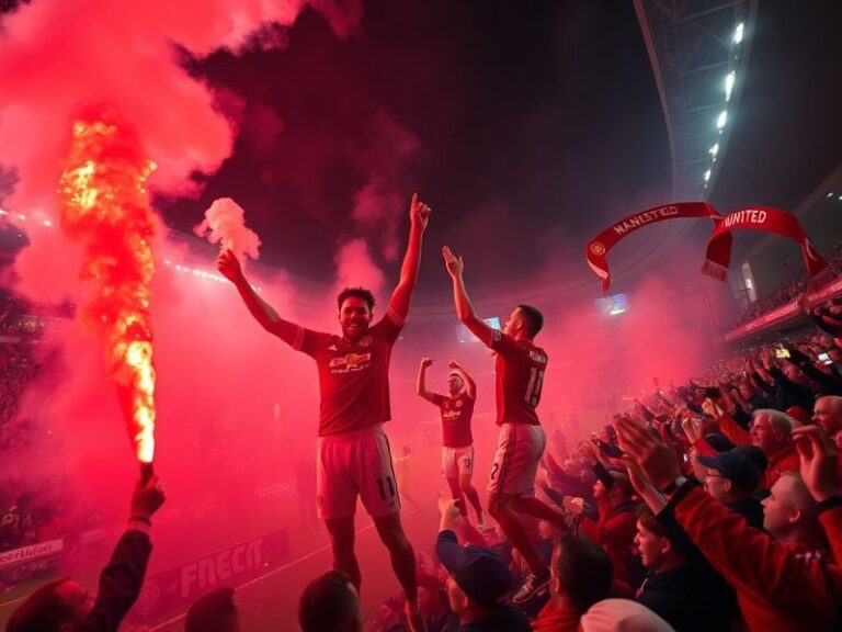A panoramic view of Old Trafford during a matchday, showcasing the iconic stadium, red-and-white scarves in the stands, and a