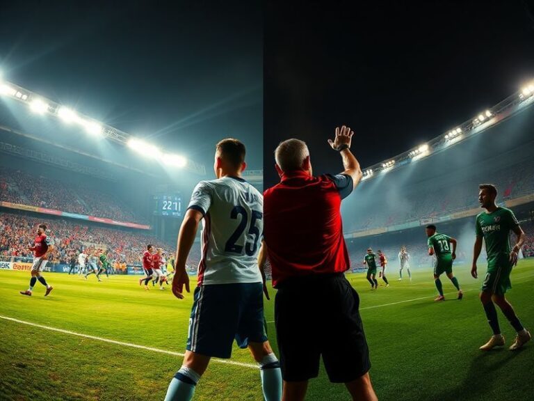 A split-image visual: on the left, Lyon players in blue and white celebrate a goal at Groupama Stadium with a packed crowd; o