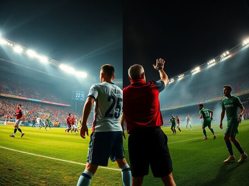 A split-image visual: on the left, Lyon players in blue and white celebrate a goal at Groupama Stadium with a packed crowd; o