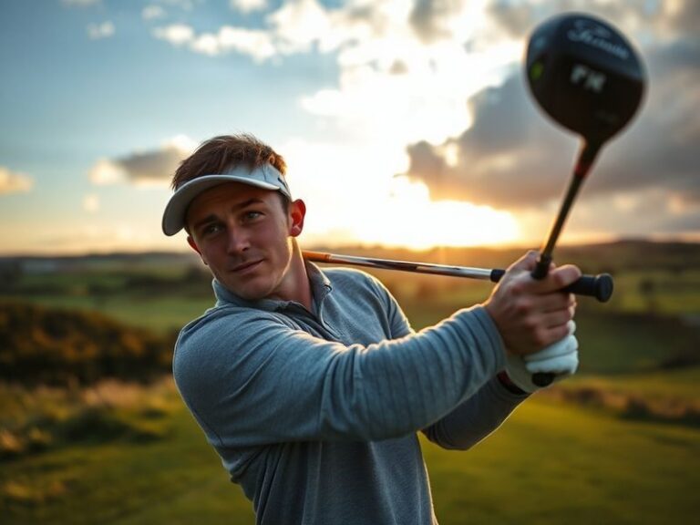 A focused shot of Rory McIlroy mid-swing on a lush golf course, wearing a blue shirt and cap, with a determined expression. T